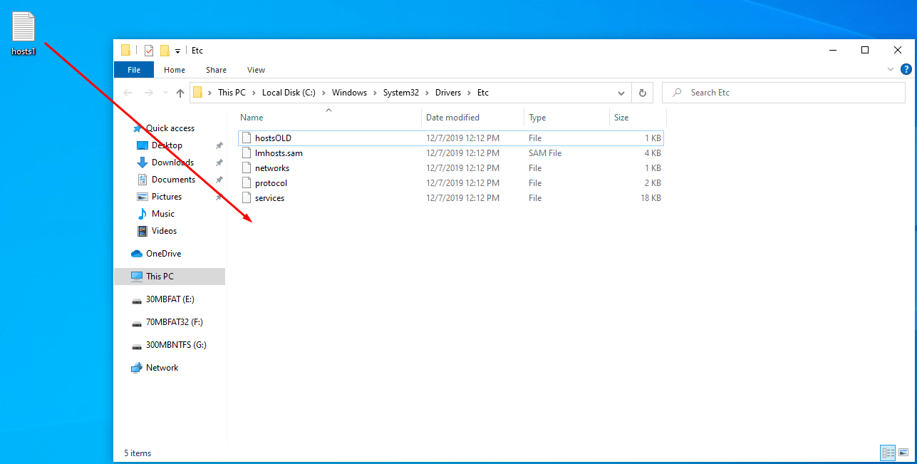 Move the newly created hosts1 file to the Etc folder.