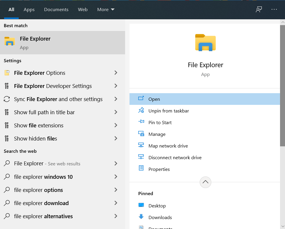 Open the File Explorer app via Search.