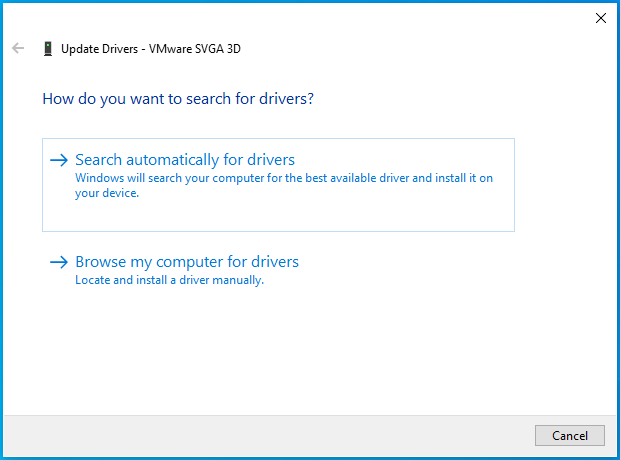 Click "Search automatically for drivers" on the Update Drivers screen.