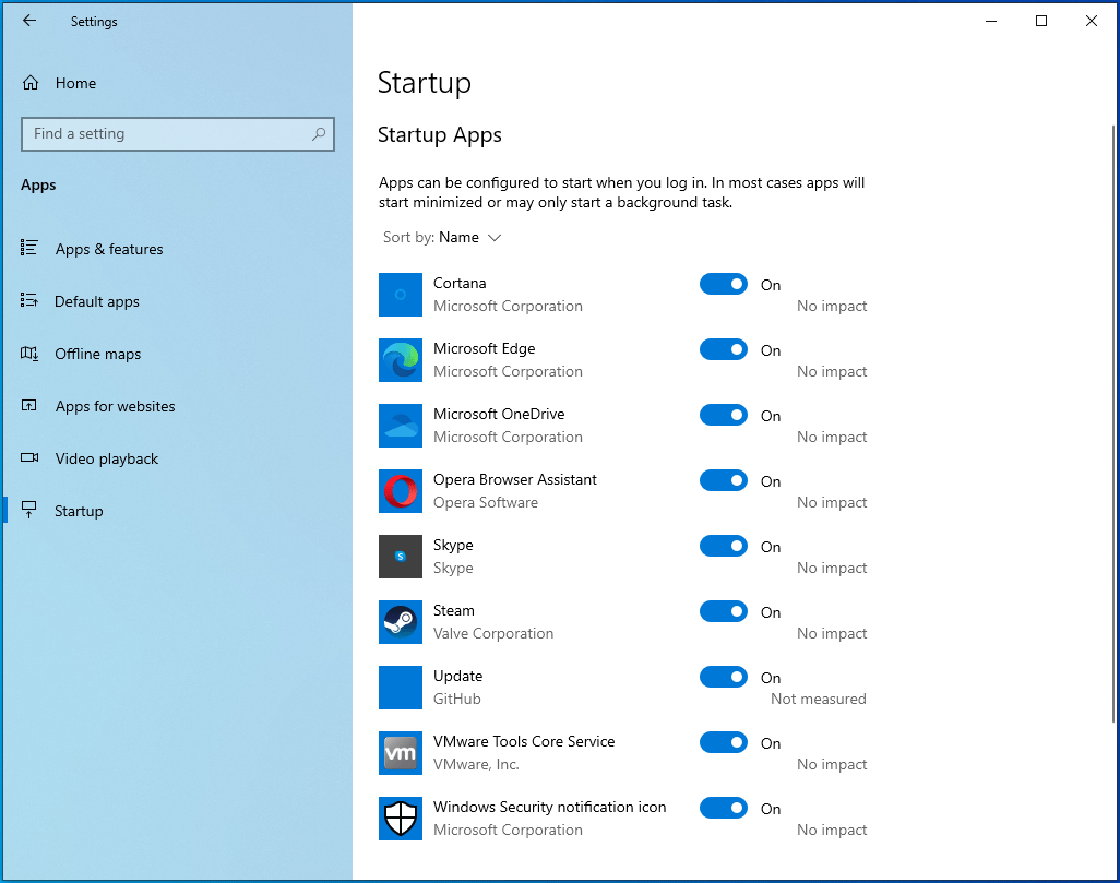 Navigate the Startup Apps page in Settings.