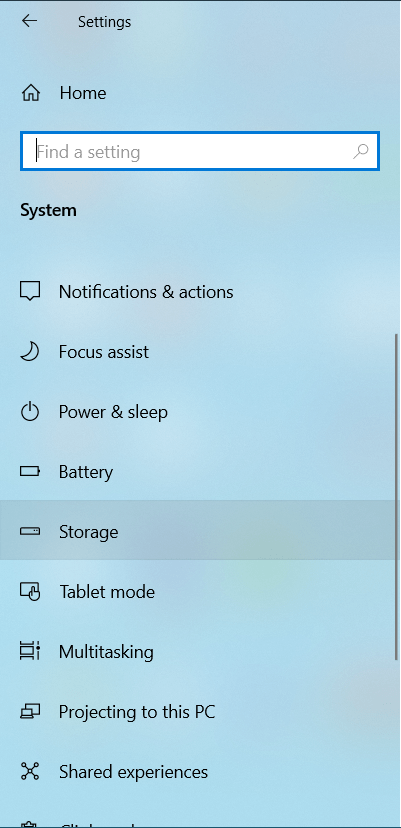 Click on Storage from the System menu.