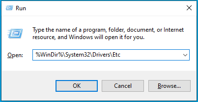 Type %WinDir%\System32\Drivers\Etc into the Run box.