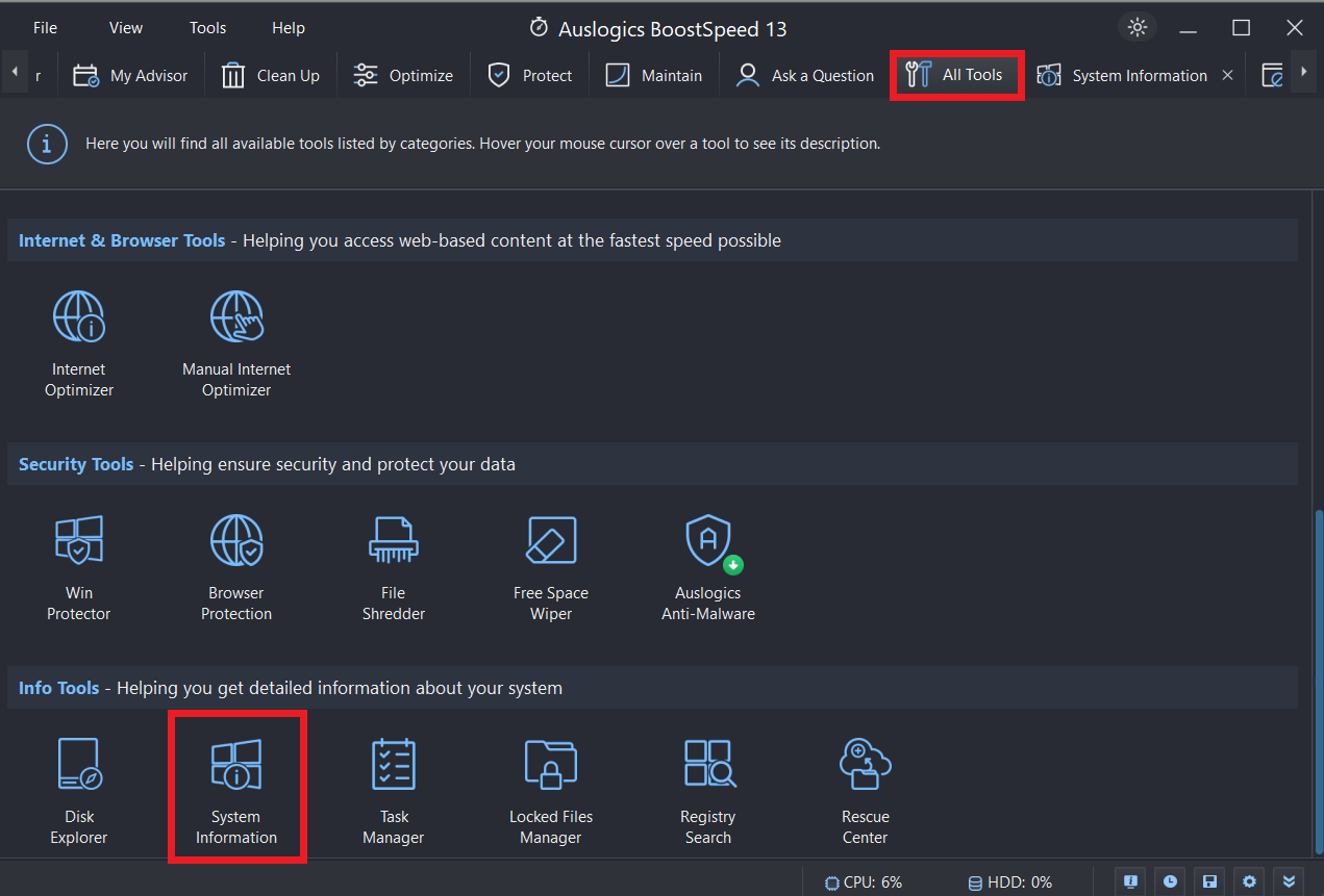 Auslogics BoostSpeed 13 System info