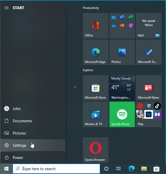 Choose Settings from the Start menu options.