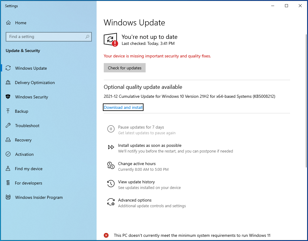 Click the "Download and install" option to install available updates.