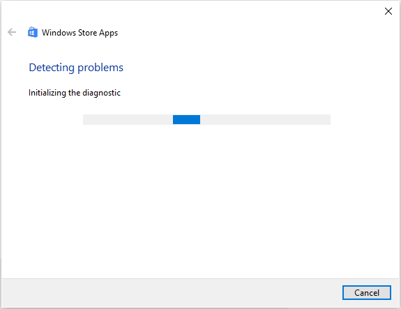 The Windows Store Apps Troubleshooter is performing a scan.