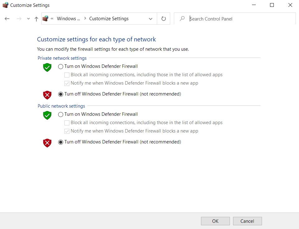 Customize Windows Defender Firewall settings.