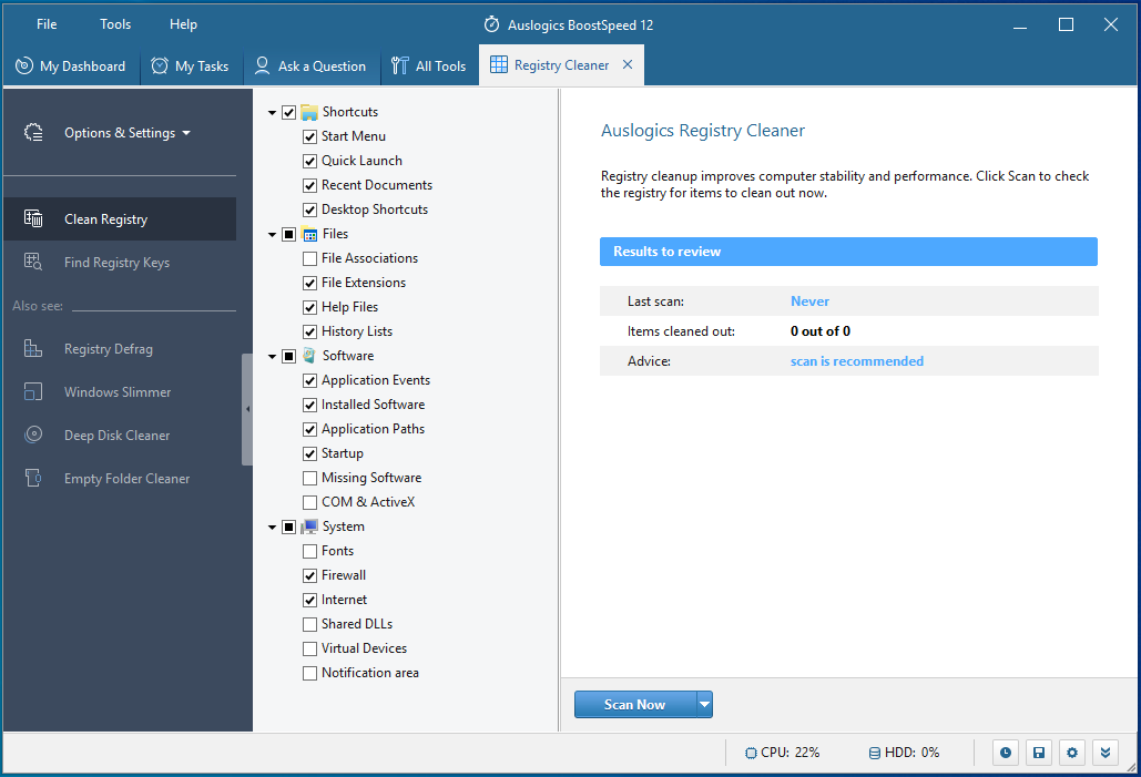 Run the Registry Cleaner tool in Auslogics BoostSpeed.