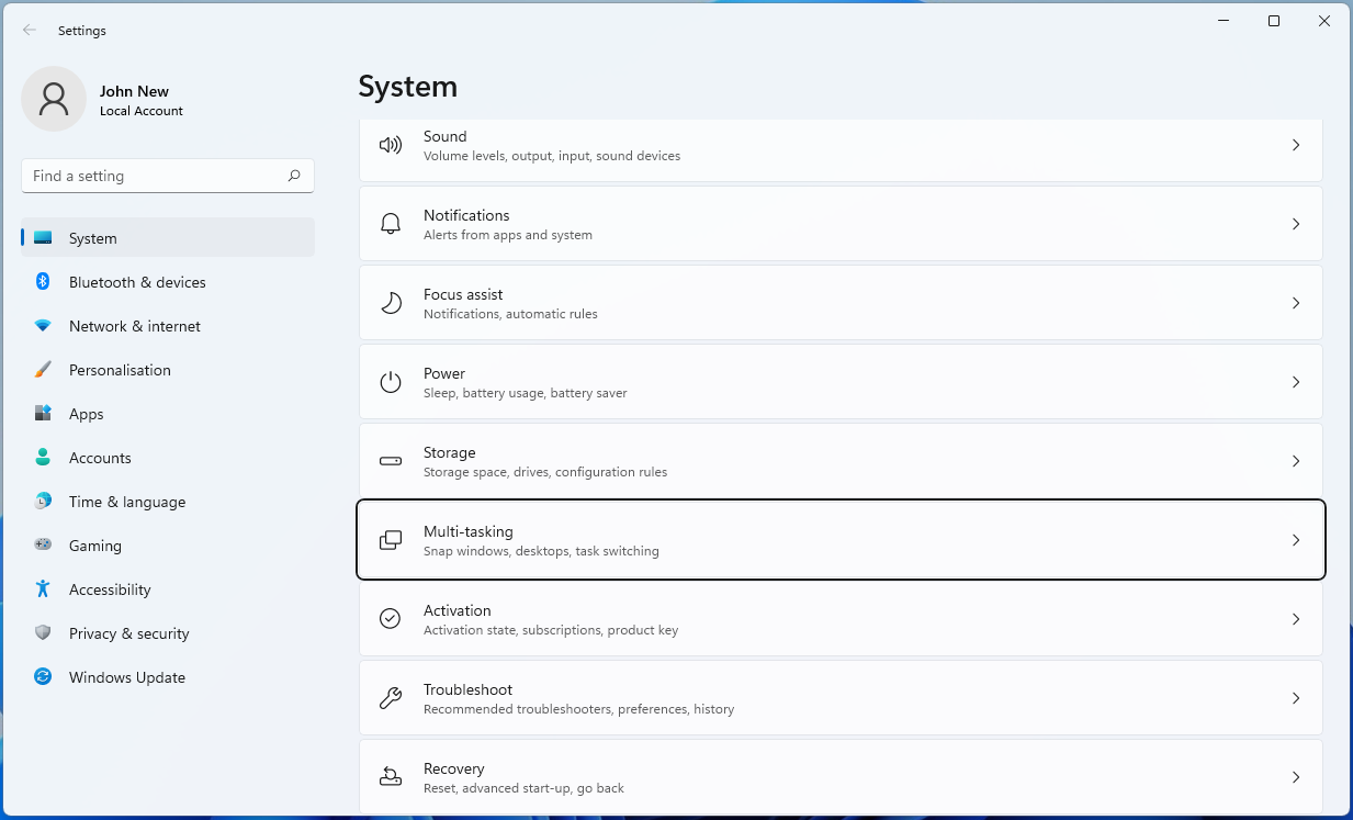 Click on Multi-tasking on the System panel.