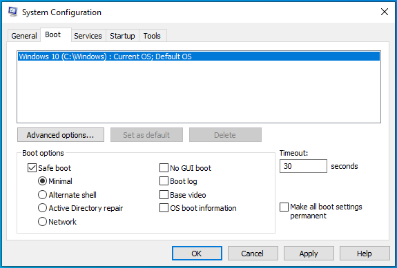 Mark the Safe Boot checkbox.