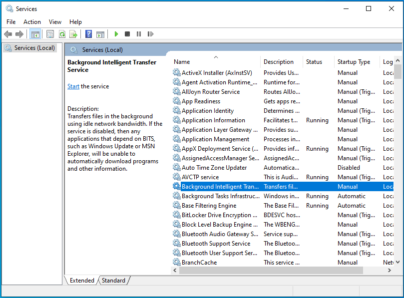 Double-click the Background Intelligent Transfer Service in Services.