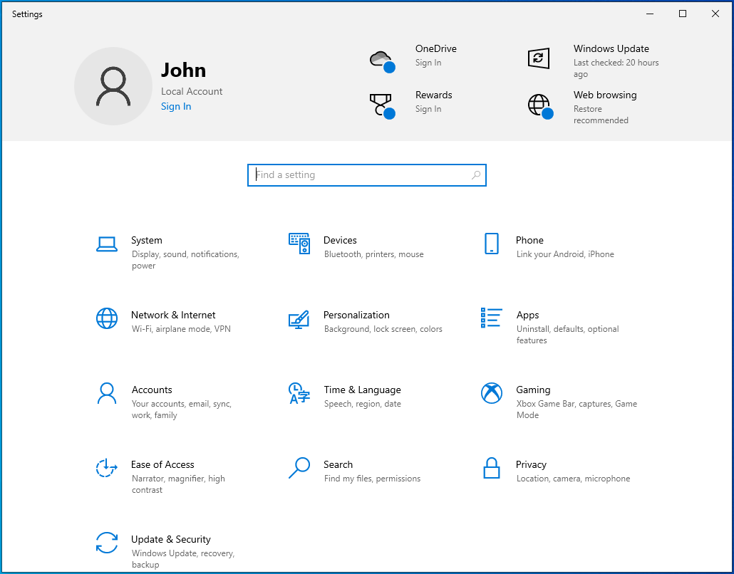 Open the Settings app in Windows 10.