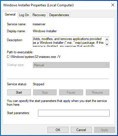 Set Startup Type to Manual.