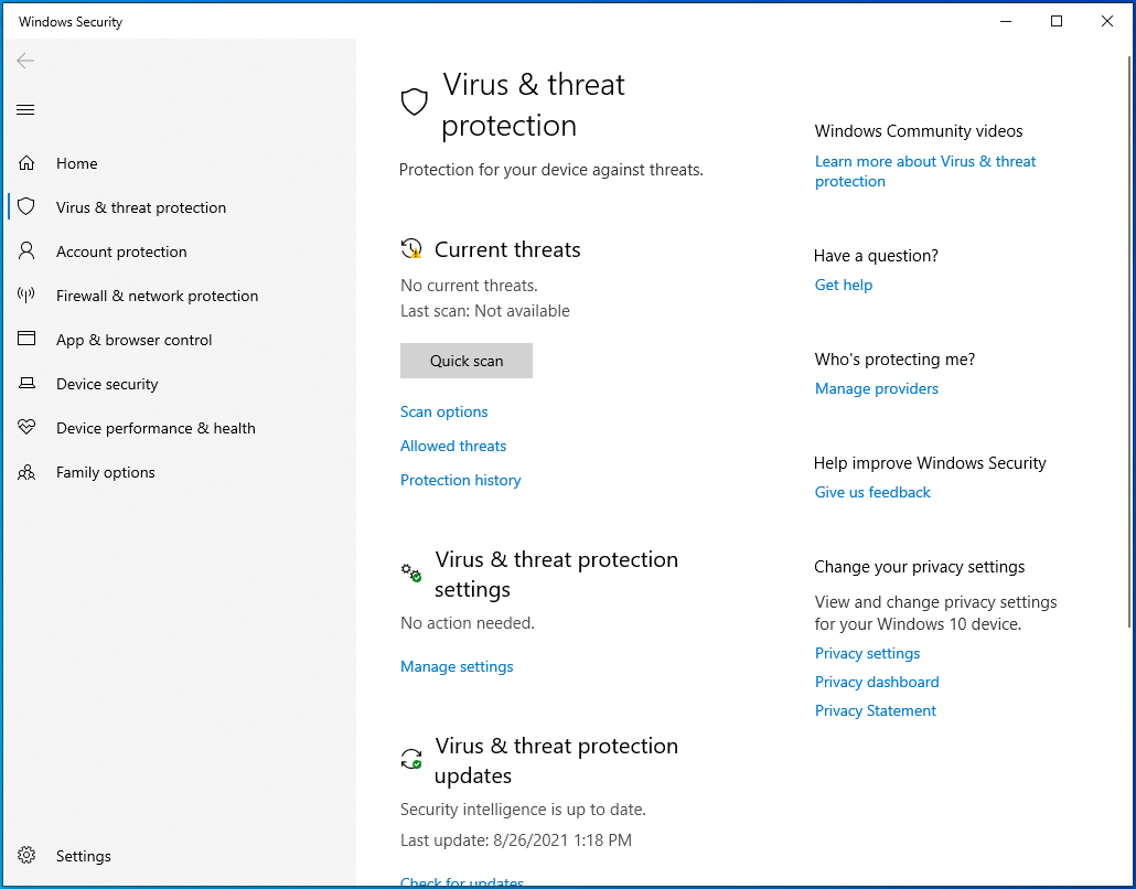 Select Virus & Threat Protection on the left pane and click Scan Options.