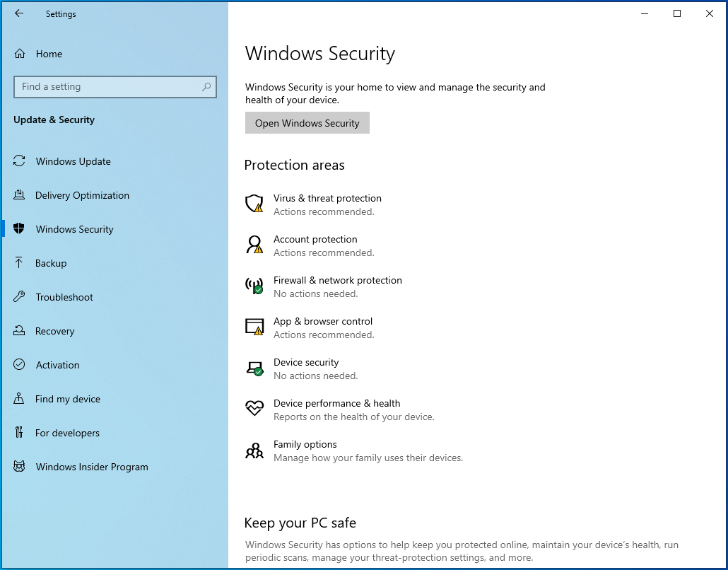 Select Windows Security in the left pane.