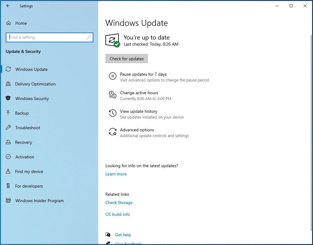 Open the Windows Update Settings screen.