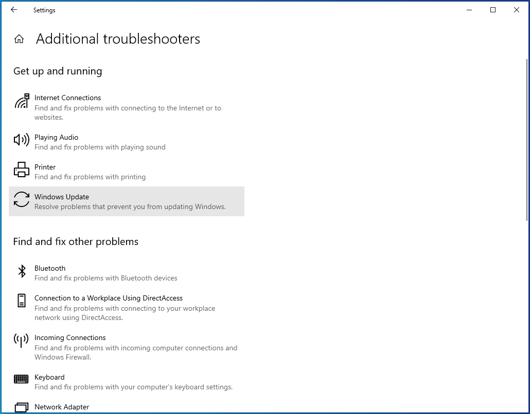 Click on Windows Update under "Additional troubleshooters".