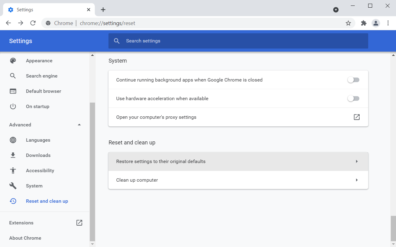 Select "Restore settings to their original defaults".