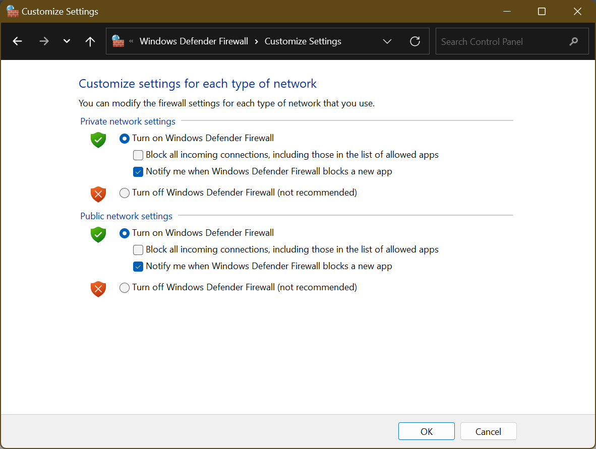 Windows Defender Firewall customize settings