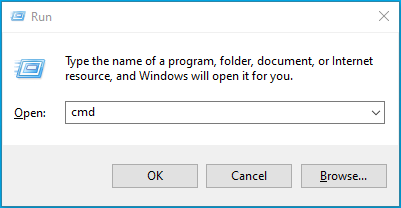 Type the command cmd into the “Run” dialog box.