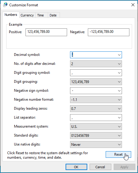 Change the Decimal Symbol option manually to use a period.