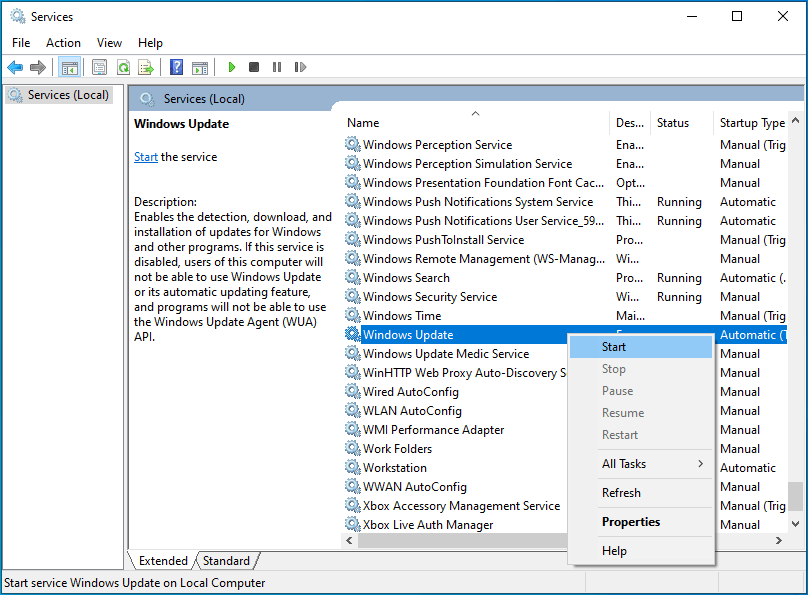 Right-click on Windows Update and select the Start option.