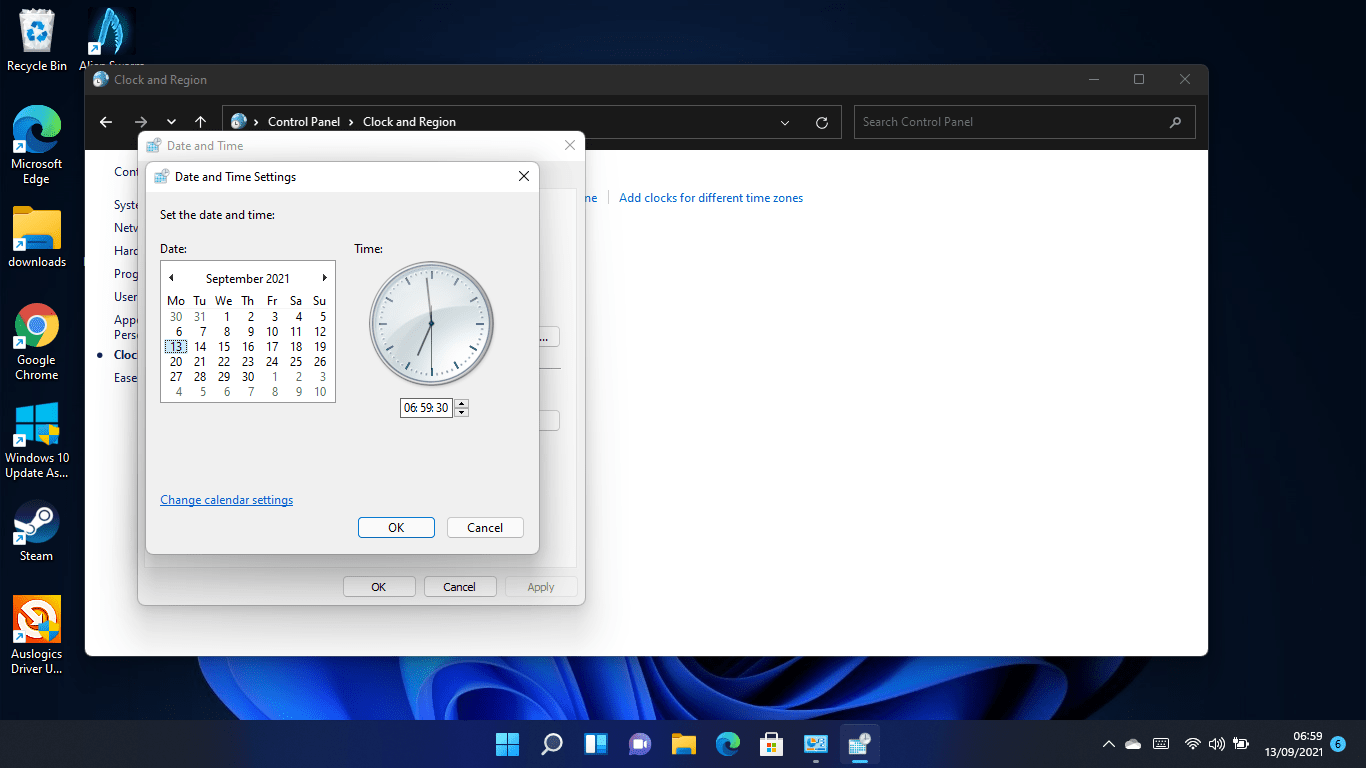 Adjust your date and time in the Date and Time Settings dialog