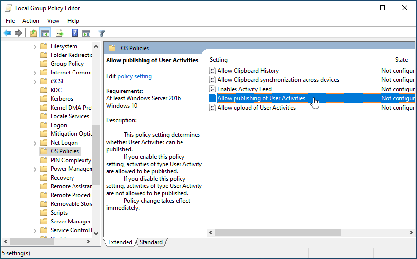 Double-click on the “Allow publishing of User Activities” policy.