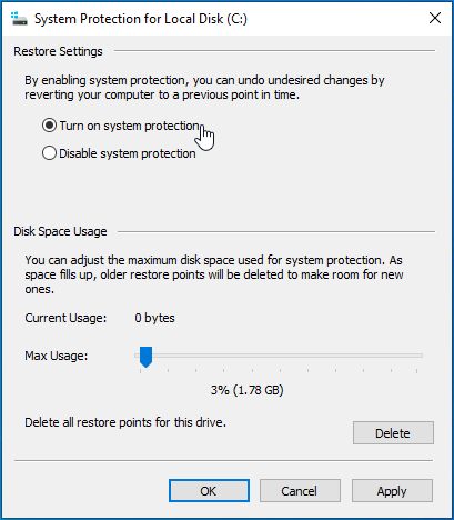 Check “Turn on system protection”.