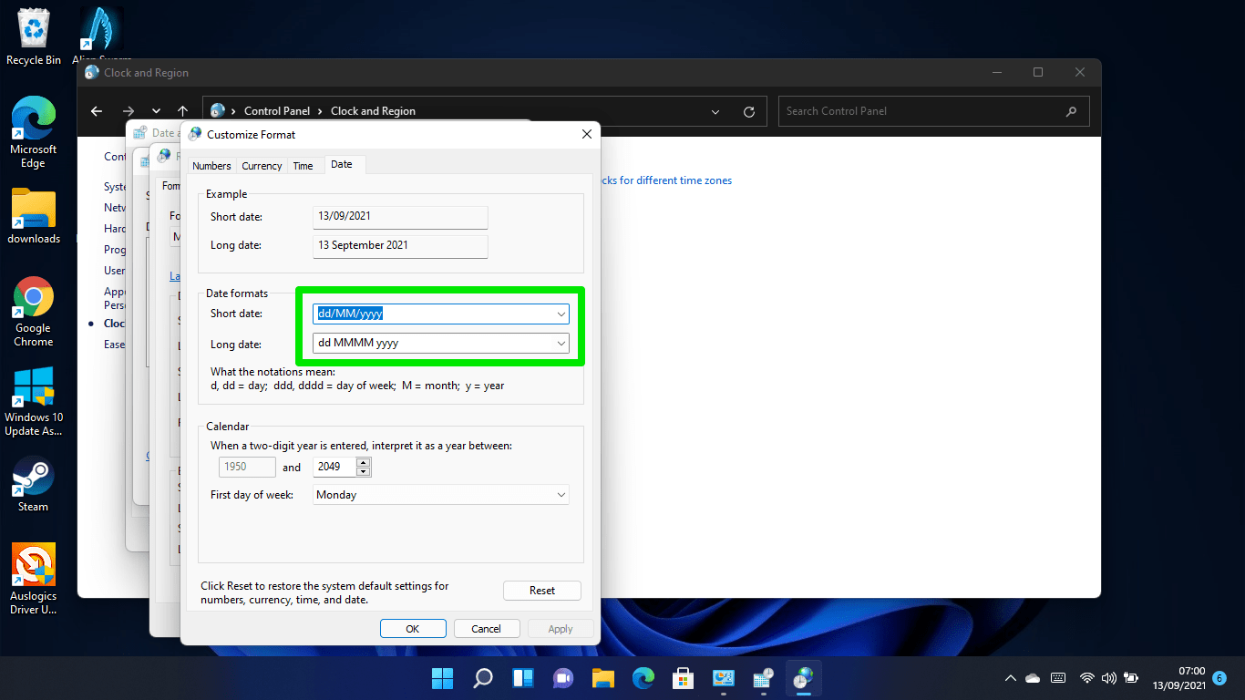 You can click on Additional Settings in the region dialog window to change your currency, measurement system, and date and time settings