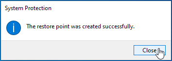 The restore point was created successfully.