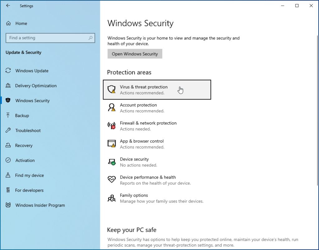 virus and threat protection not opening windows 10