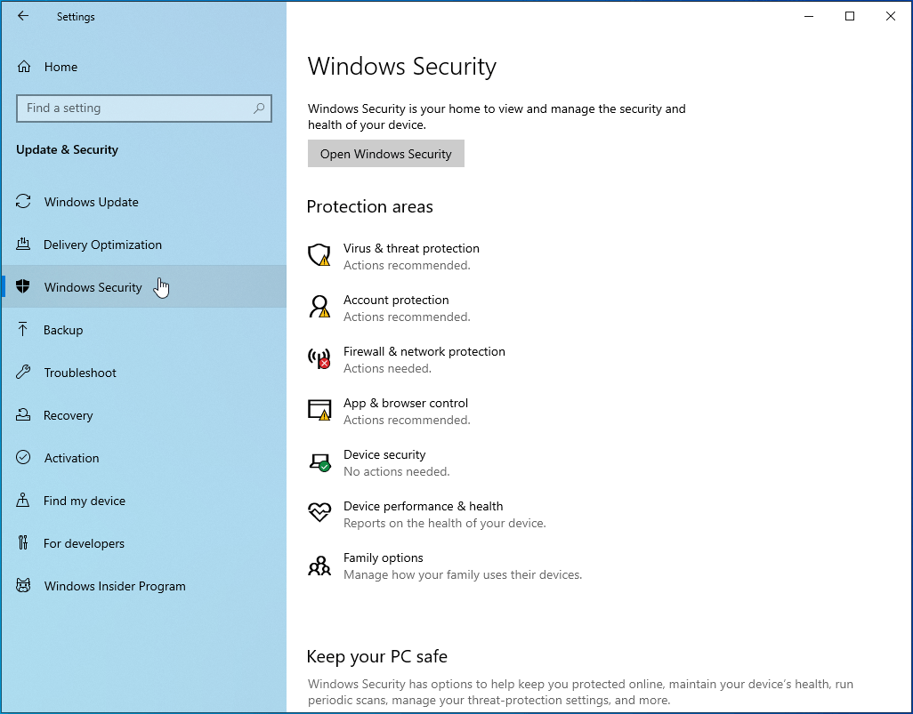 Click Windows Security on the left panel.