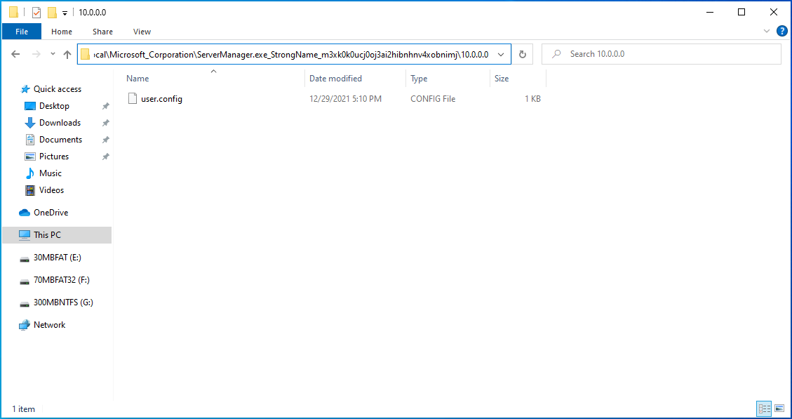 Go to C:UsersYourUserNameAppDataLocalMicrosoft_CorporationServerManager.exe_StrongName_m3xk0k0ucj0oj3ai2hibnhnv4xobnimj10.0.0.0user.config.