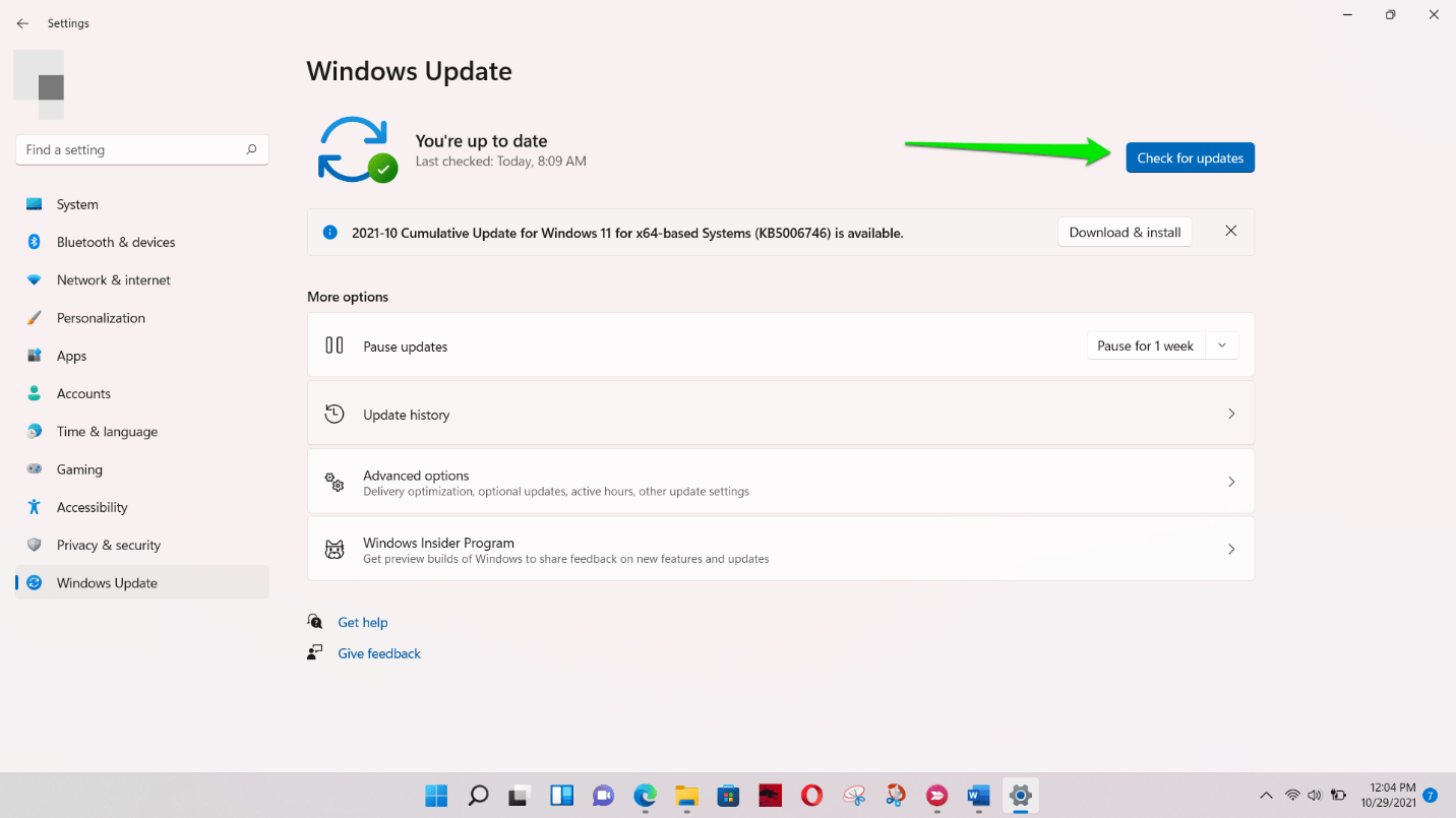 Start the Settings application using the Win + I hotkey and click on Windows Update. Then, click on the Check for Update button.