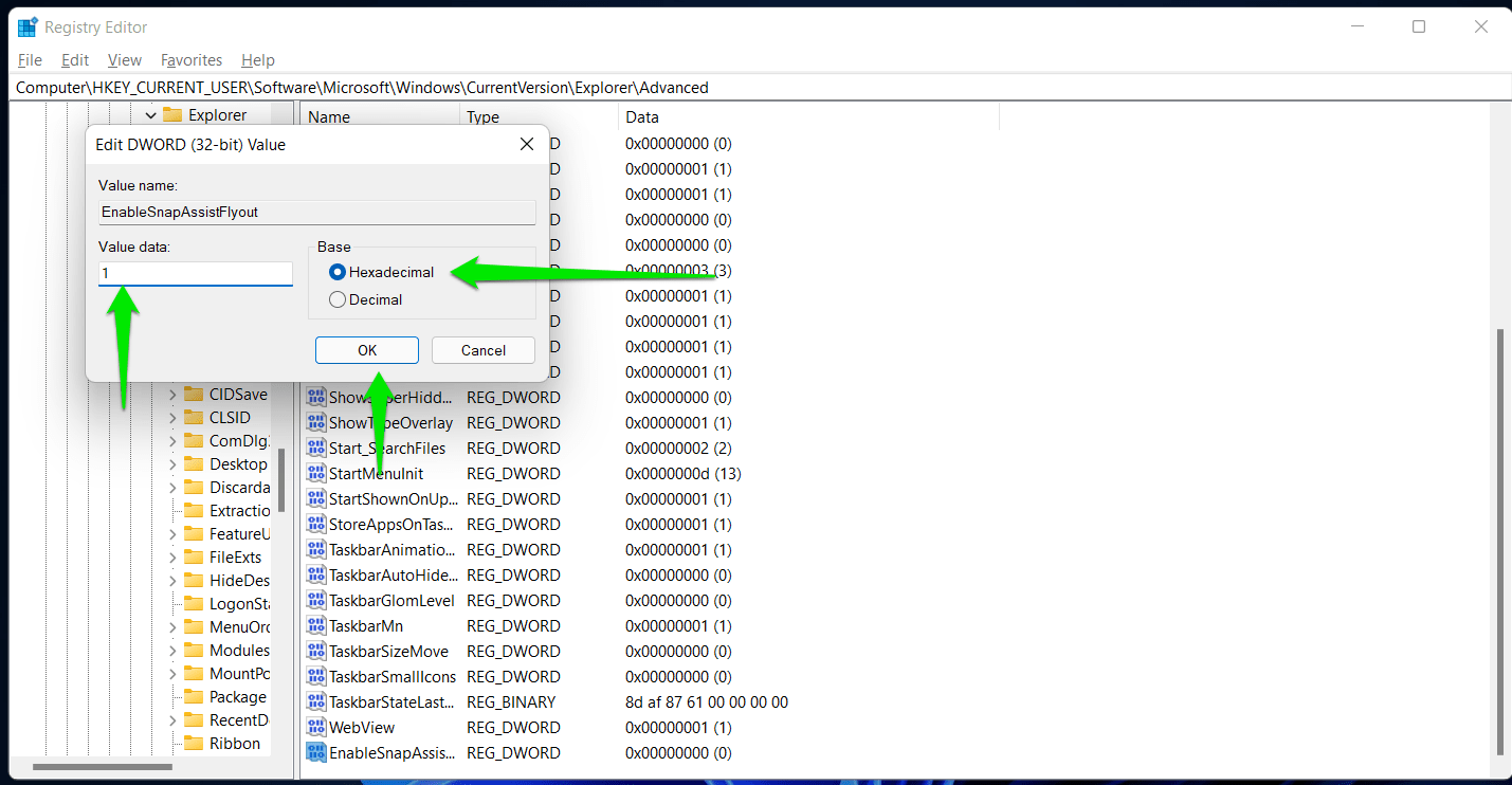 6. Double-click the “EnableSnapAssistFlyout” DWORD and type “1” under Value