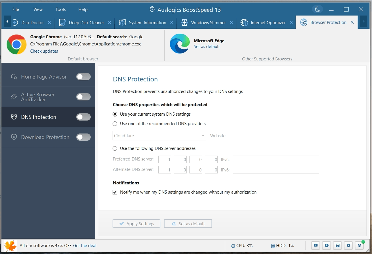 Auslogics BoostSpeed 13 DNS protection