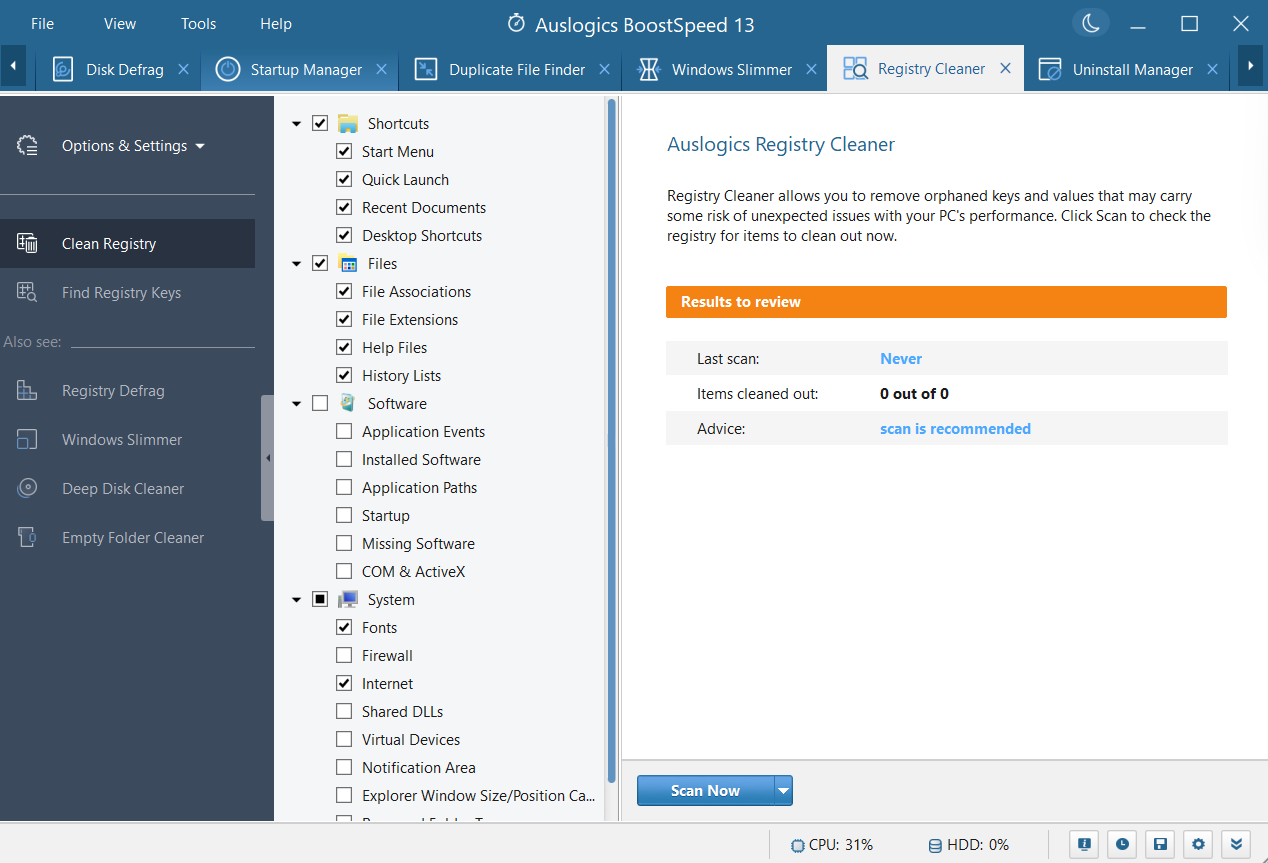 Auslogics BoostSpeed Registry Cleaner to fix invalid registry entries