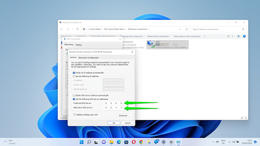 Enter 8.8.8.8 next to Preferred DNS Server and 8.8.4.4 next to Alternate Server