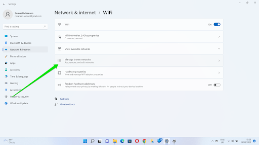 When the WiFi page shows up, click on Manage Known Networks