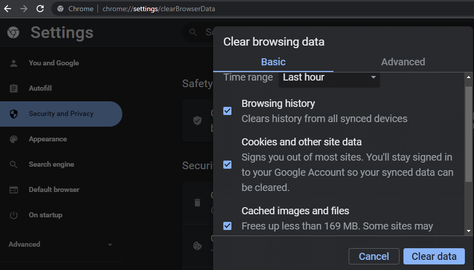 Type chrome://settings/clearBrowserData into your search bar