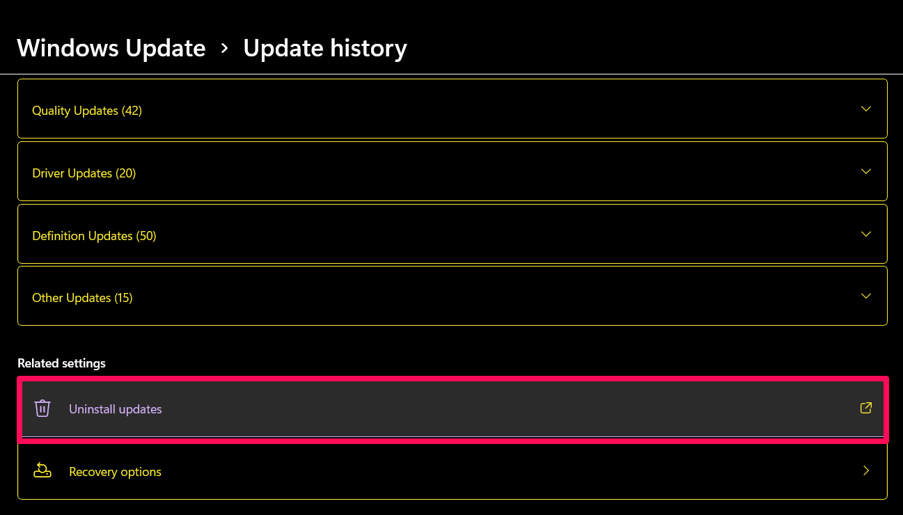 On the Update History page, click Uninstall Updates