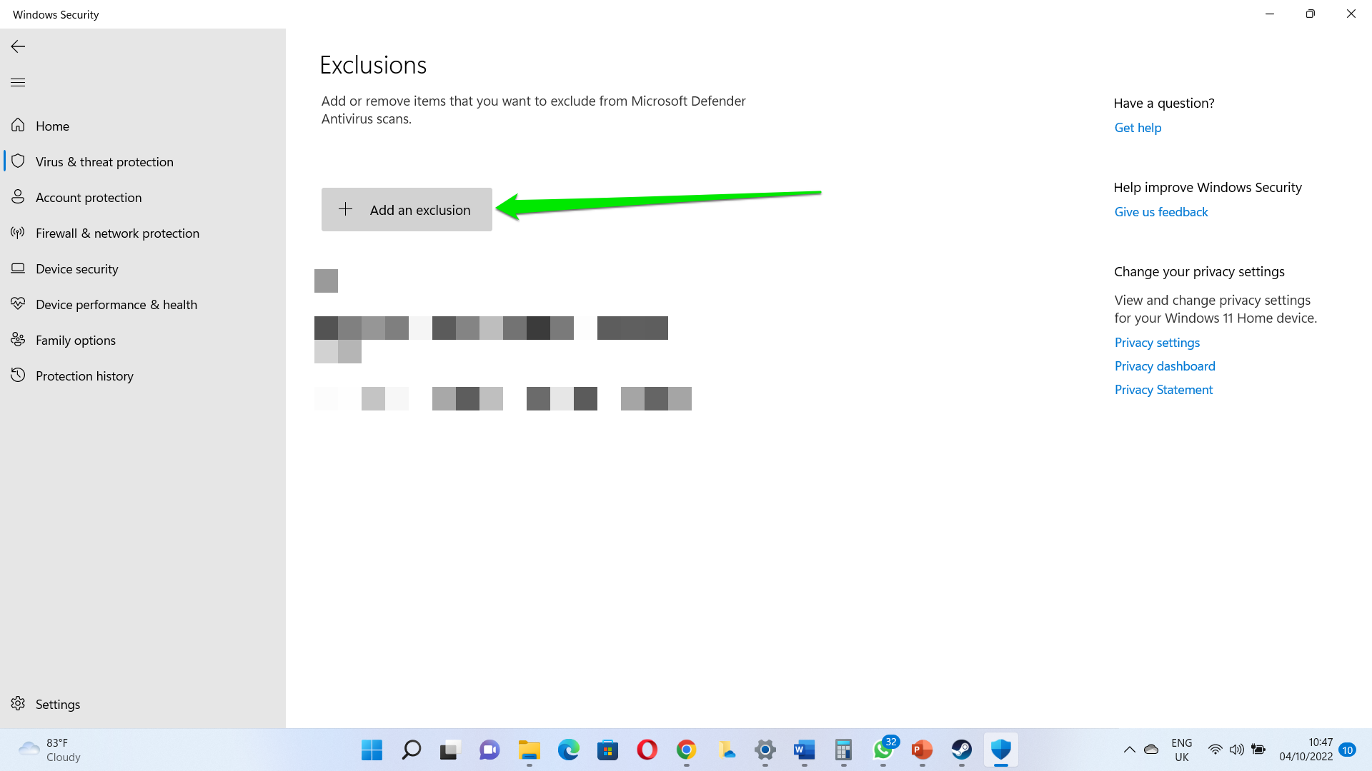 After the Exclusions screen appears, click on “Add an exclusion,” and then select Folder