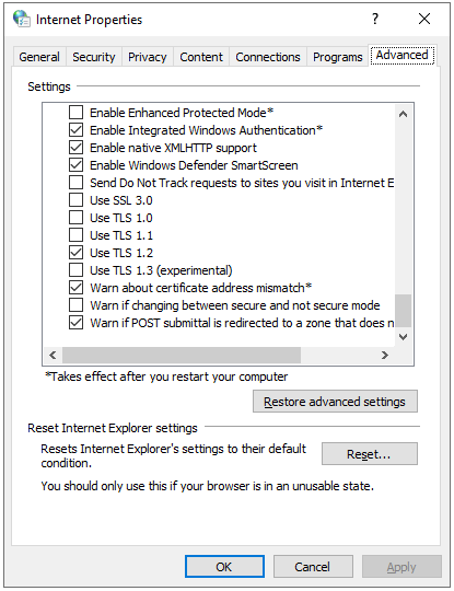 Follow these steps to enable TLS 1.2 on your PC so that it runs the current protocol for verifying SSL/TLS certificates