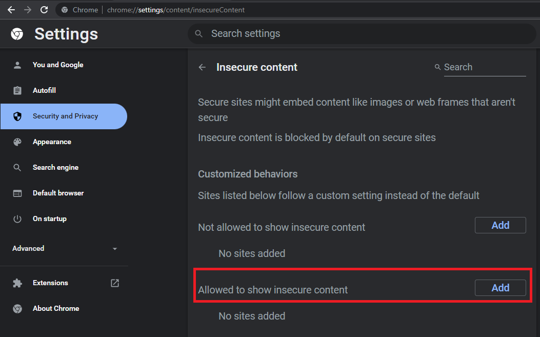 You can enable Google Chrome to show content on insecure websites this way