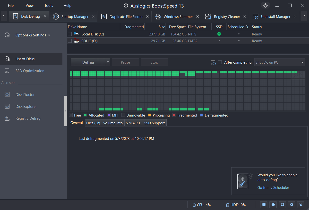 Defrag your computer with Auslogics BoostSpeed Disk Defrag