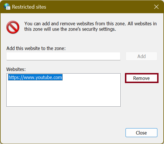 Remove YouTube from restricted sites on Windows PC