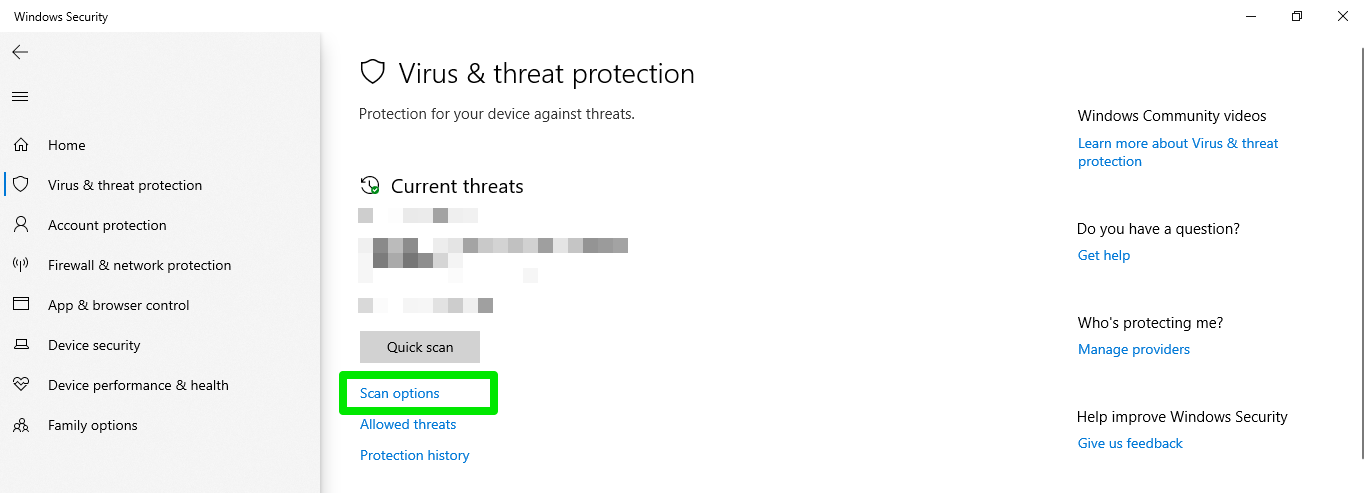 Virus and threat protection scan options