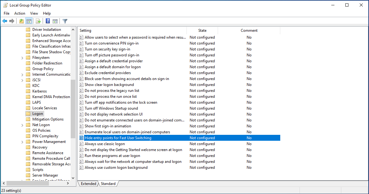 Hide Entry points for fast user switching