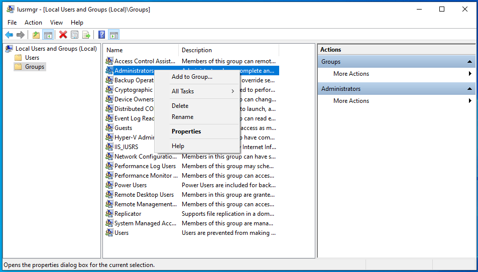 Administrators Properties window